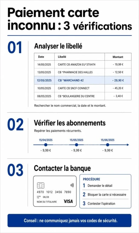Infographie des étapes pour retrouver l'origine d'un paiement par carte bancaire suspect