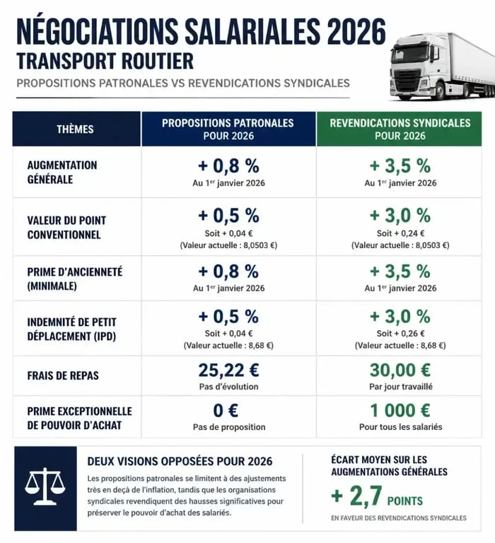 Tableau comparatif des négociations annuelles obligatoires NAO 2026 dans le transport routier