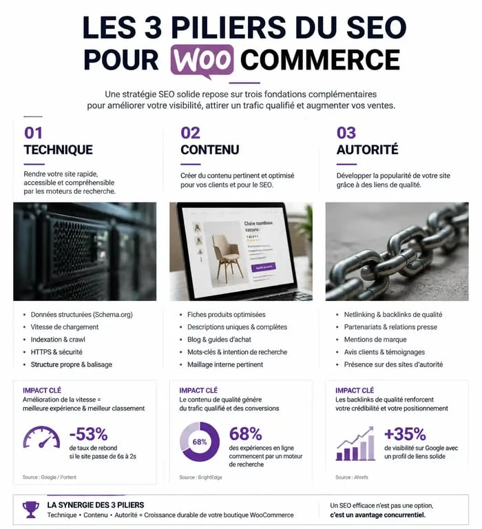 Les trois piliers du SEO pour agence WooCommerce : technique, contenu et autorité