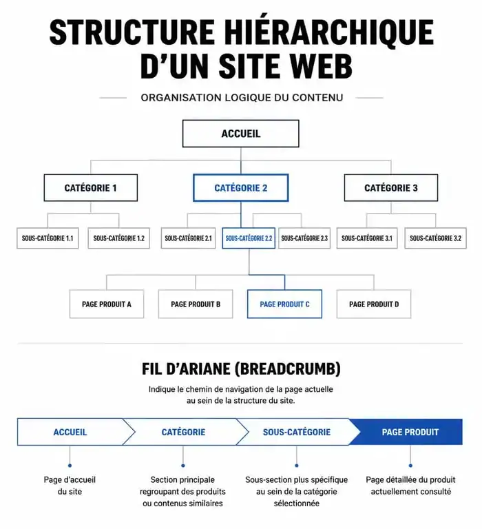 Schéma illustrant la structure hiérarchique d'un fil d'Ariane breadcrumbs SEO