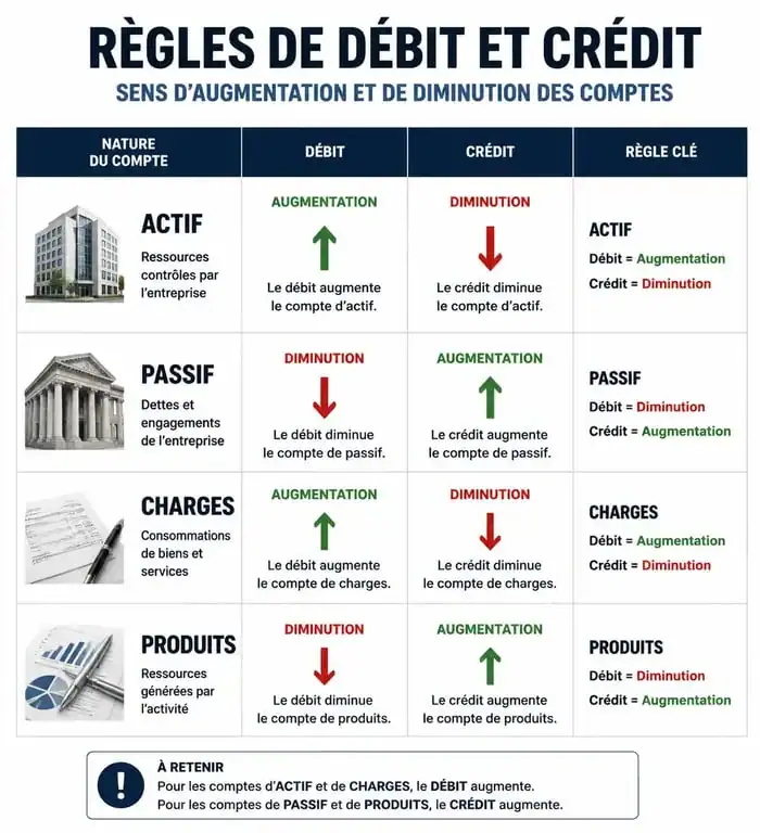 Tableau récapitulatif des règles de débit et crédit en comptabilité d'entreprise