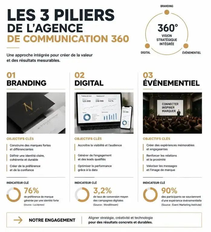 Infographie des services d'une agence de communication 360 : branding, digital et événementiel