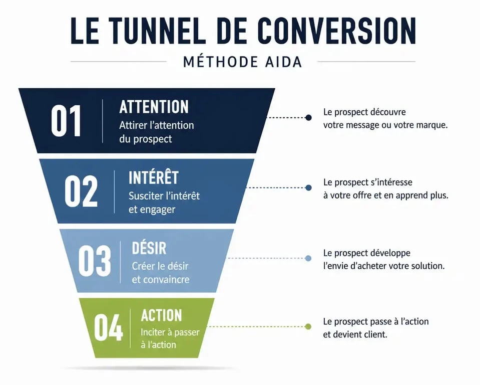 Infographie du tunnel de conversion de la méthode AIDA pour le marketing