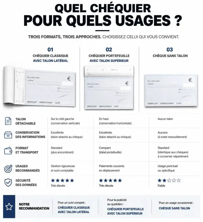 Comparatif des formats de chéquiers : classique, portefeuille et chèque de correspondance sans talon pour une gestion simplifiée.