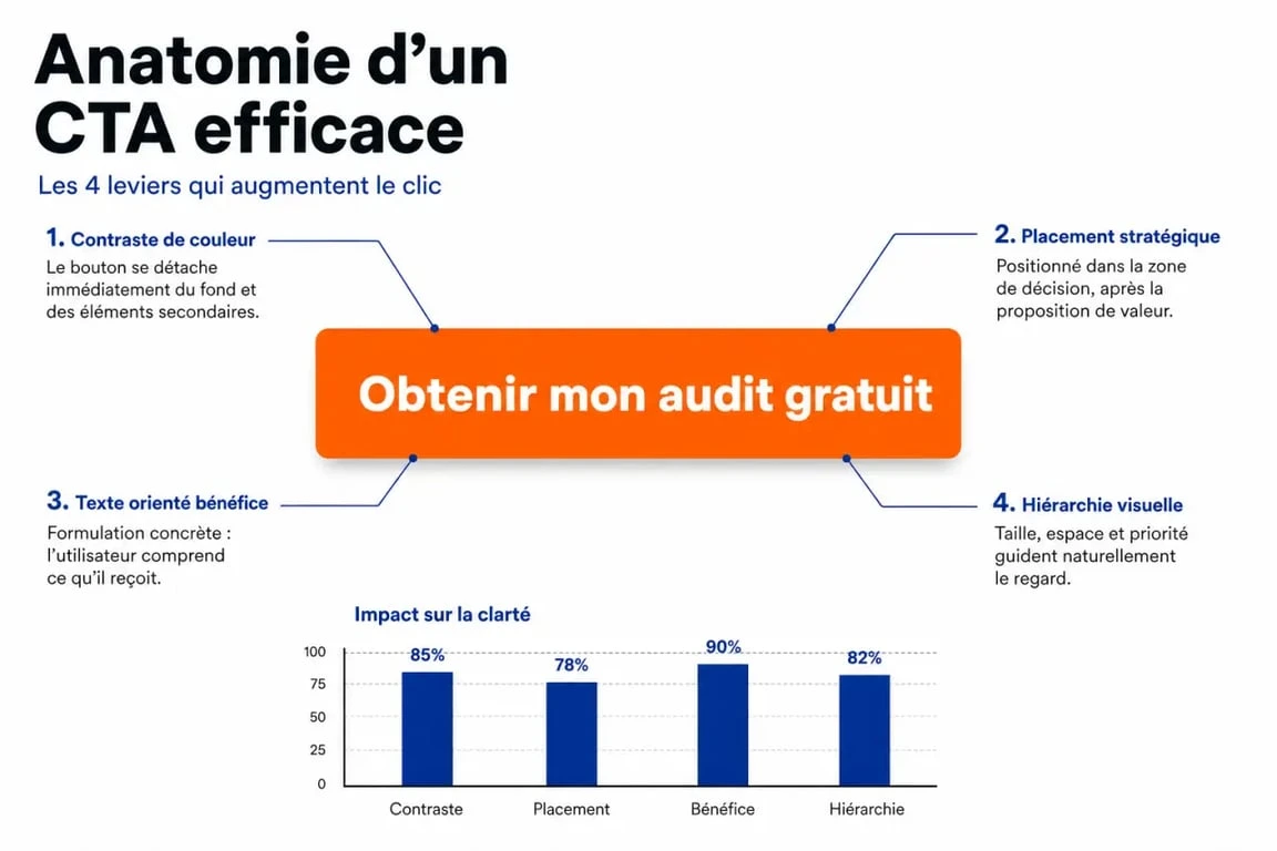Infographie illustrant les éléments clés d'un Call-to-Action (CTA) performant pour le marketing digital.