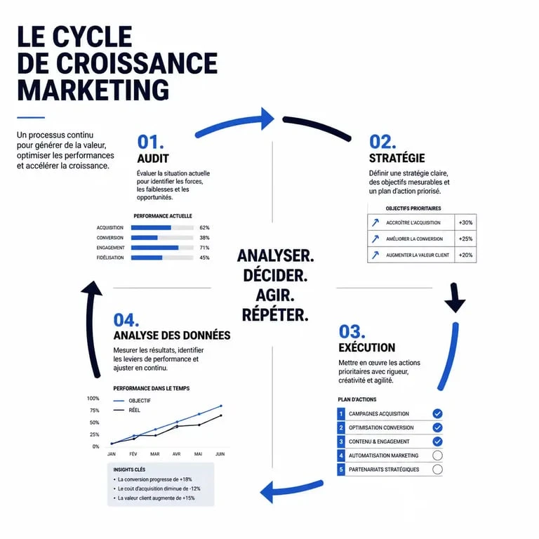 Schéma du cycle de croissance d'un expert en marketing : audit, stratégie, exécution et analyse de données.