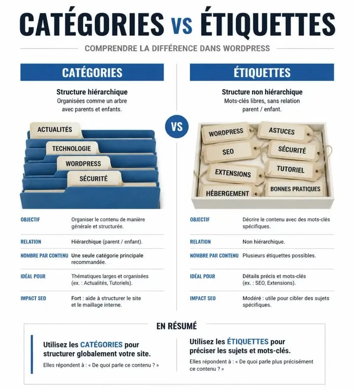 Infographie comparative entre catégories et étiquettes pour le référencement WordPress