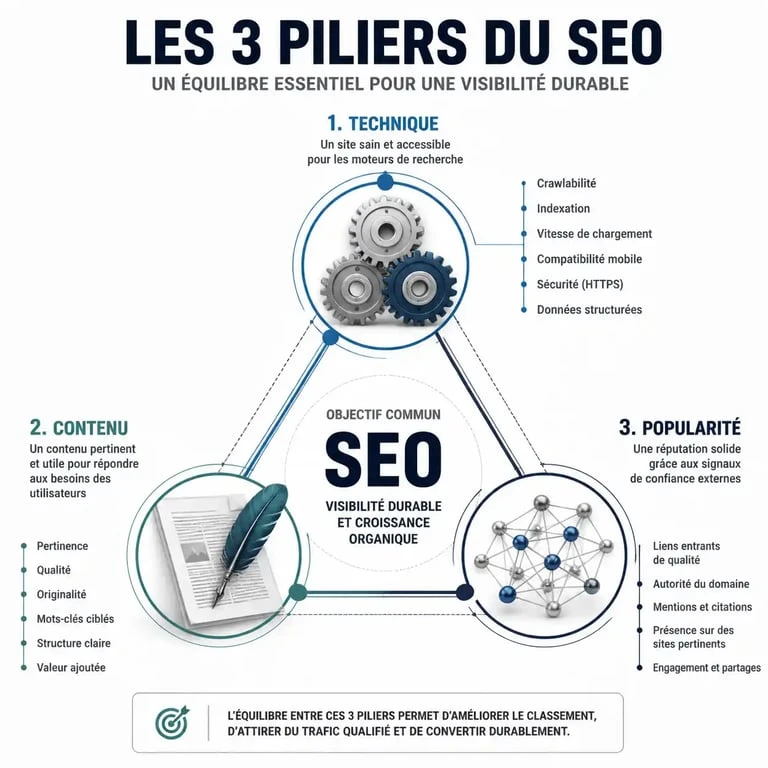 Infographie des trois piliers du SEO : technique, contenu et popularité