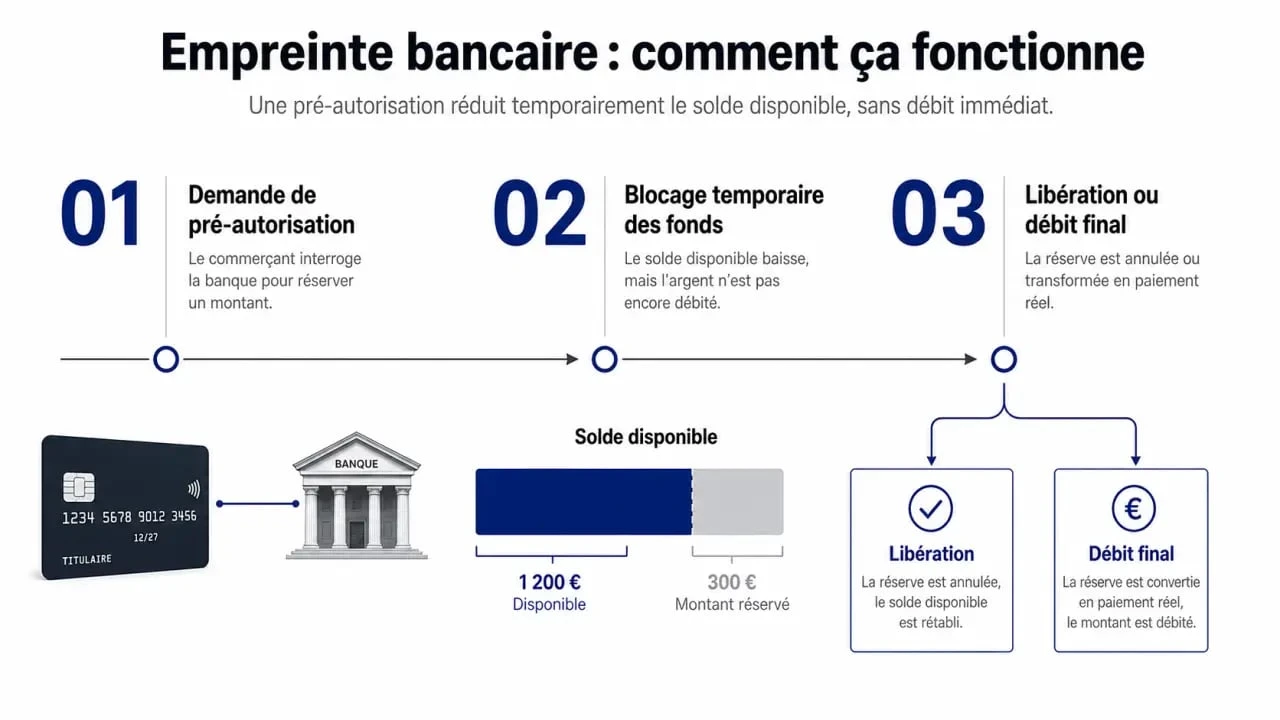 Schéma explicatif du fonctionnement d'une empreinte carte bancaire et pré-autorisation