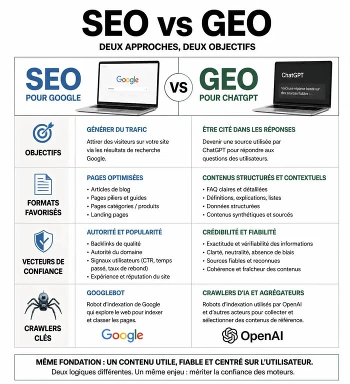 Comparatif SEO classique vs GEO pour ChatGPT : différences majeures pour le référencement