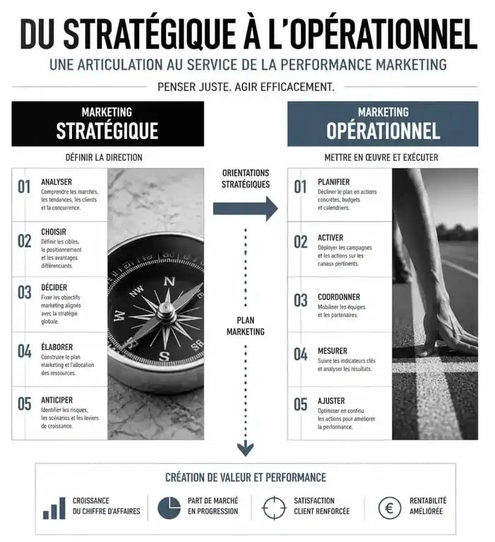 Schéma illustrant l'articulation entre marketing stratégique et marketing opérationnel pour une stratégie efficace