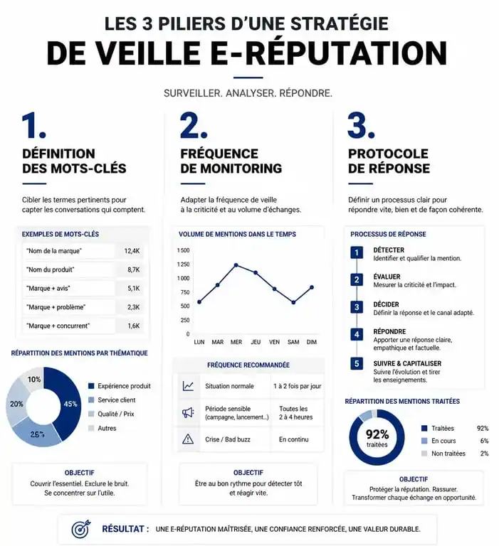 Infographie des trois piliers d'une stratégie de veille e-réputation efficace pour gérer les outils de e-réputation