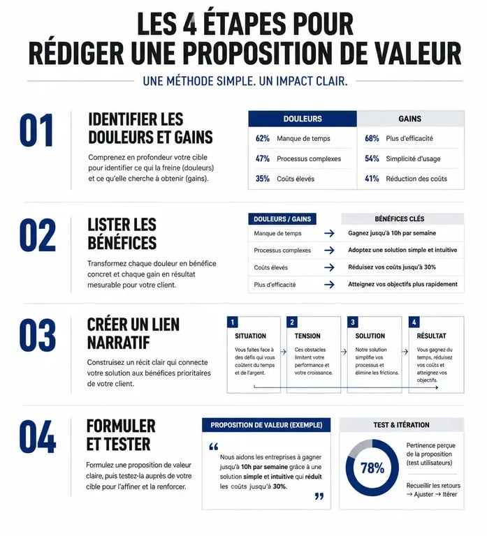 Infographie illustrant les 4 étapes pour rédiger une proposition de valeur efficace