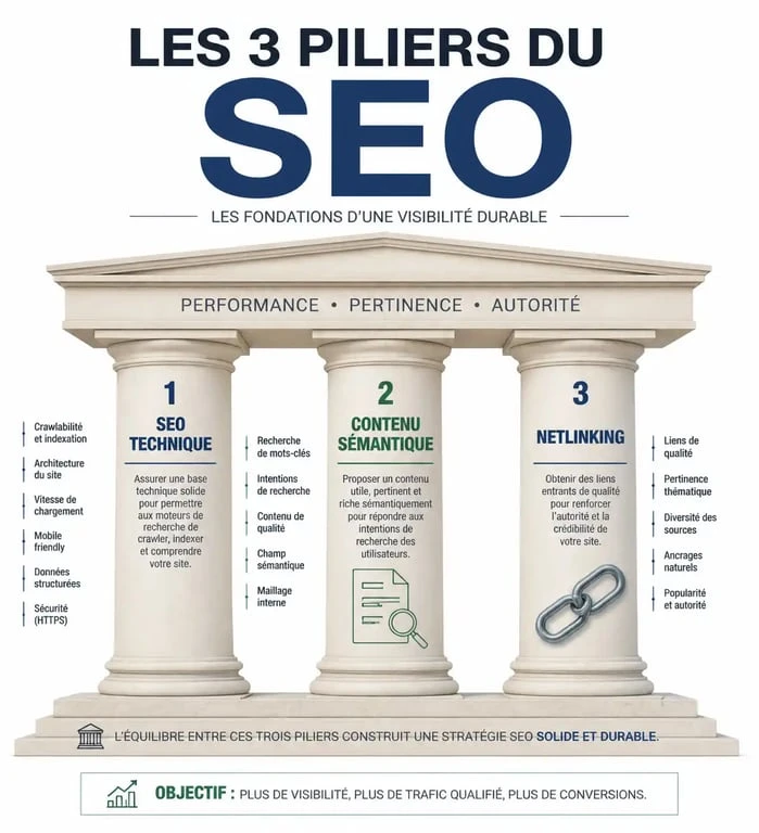 Infographie des trois piliers du SEO pour une formation SEO certifiante réussie