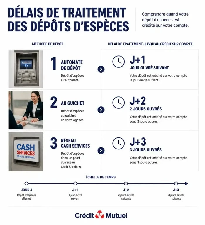Infographie des délais de dépôt d'espèces au Crédit Mutuel par automate et guichet