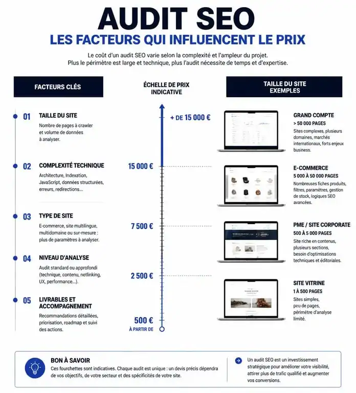 Infographie illustrant les facteurs et fourchettes de prix d'un audit SEO pour différents types de sites web.