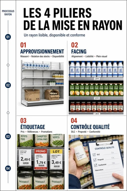 Infographie des missions principales du métier de mise en rayon dans la grande distribution