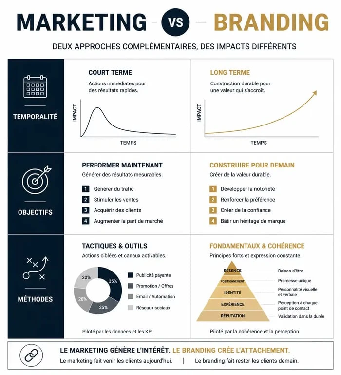 Infographie comparative marketing vs branding pour comprendre la différence entre stratégie de marque et communication commerciale