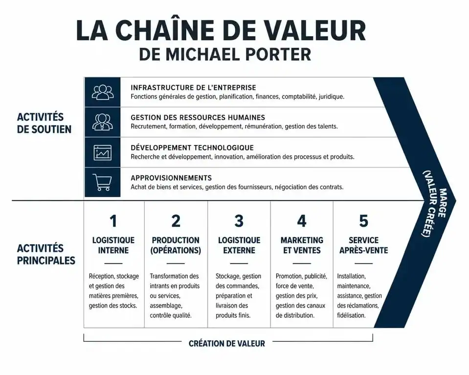 Schéma de la chaîne de valeur de Porter illustrant les activités principales et de soutien pour l'analyse stratégique d'entreprise