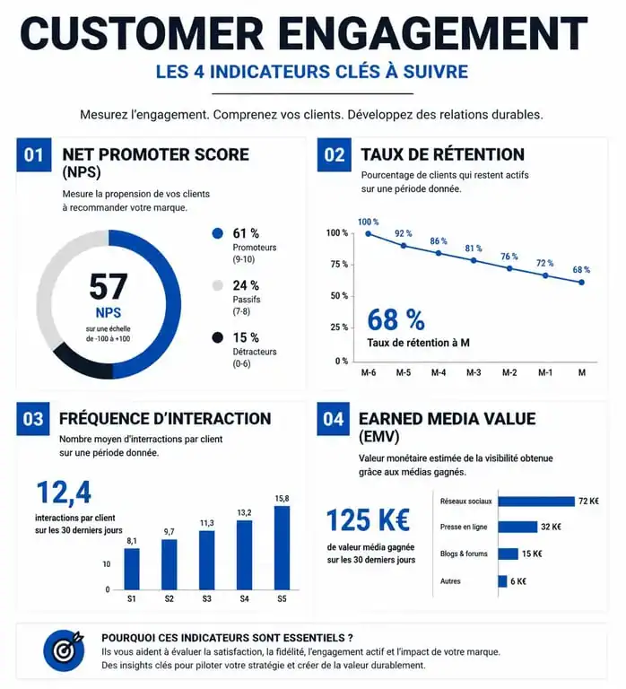 Infographie des indicateurs clés pour mesurer le customer engagement et la fidélité client.