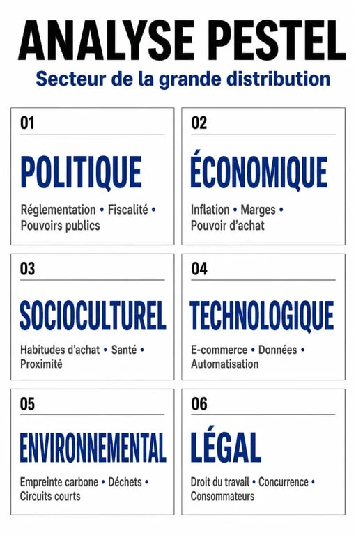 Infographie synthétique des facteurs PESTEL pour la grande distribution