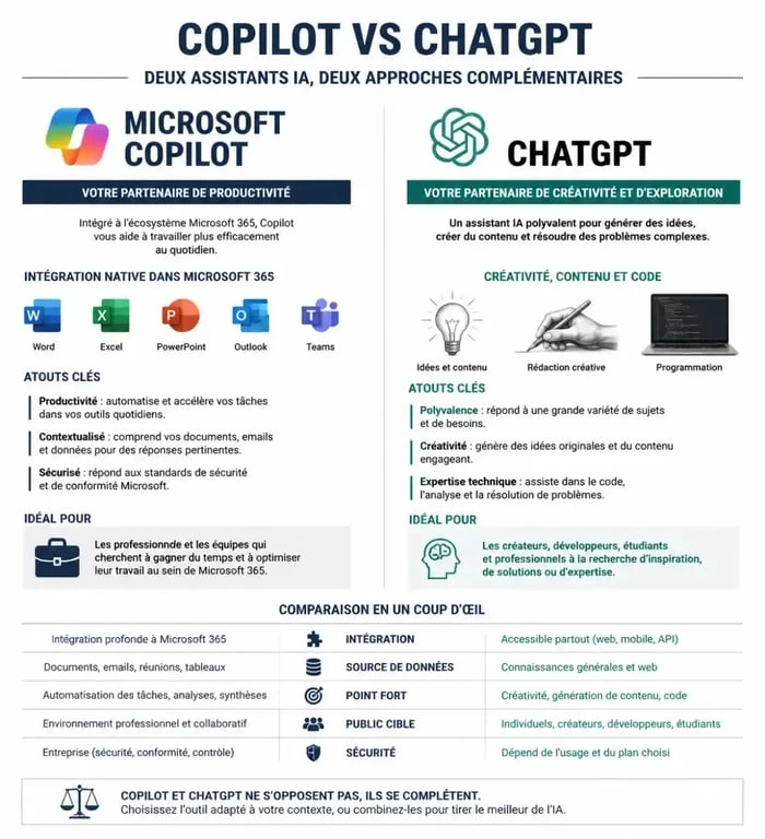 Infographie comparative entre Microsoft Copilot et ChatGPT pour choisir la meilleure IA selon ses besoins professionnels.