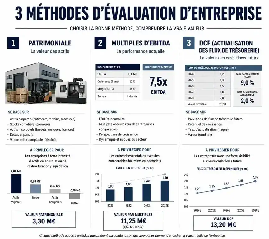 Infographie des méthodes de valorisation pour vendre son entreprise : patrimoniale, multiples d'EBE et DCF