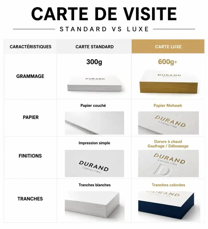 Comparatif visuel des caractéristiques d'une carte de visite luxe par rapport à une carte standard
