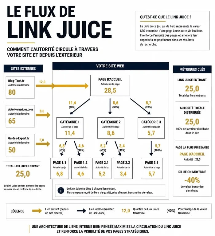Schéma explicatif du linking SEO : maillage interne et netlinking