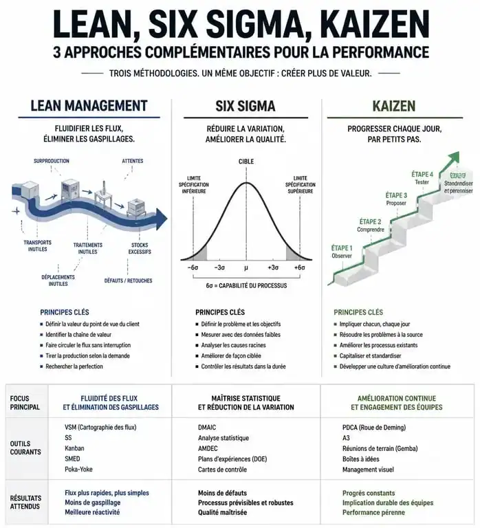 Infographie comparative des méthodologies pour optimiser les processus : Lean, Six Sigma et Kaizen