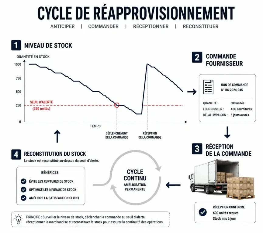 Schéma explicatif du fonctionnement d'un cadencier de commande pour la gestion des stocks