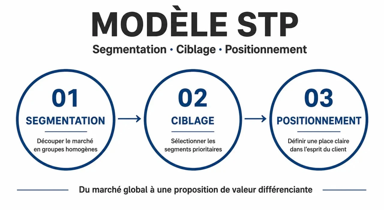 Schéma illustrant le modèle marketing STP : Segmentation, Targeting et Positionnement pour une stratégie efficace