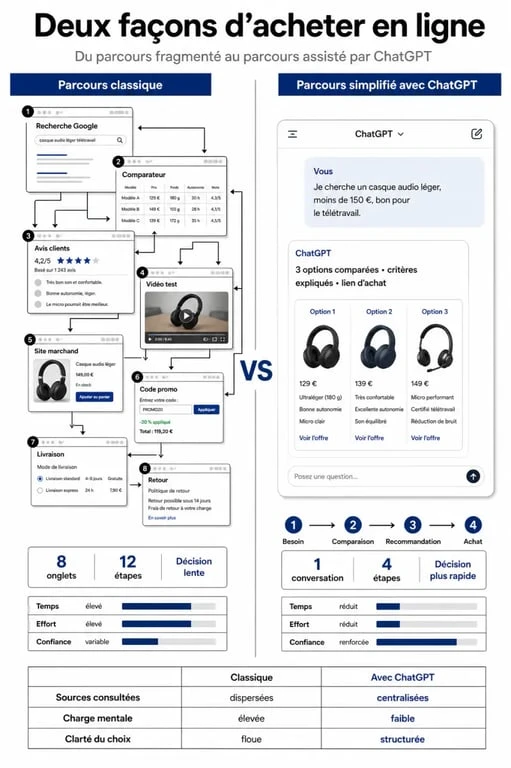 Infographie comparant la recherche de produits classique et l'utilisation de ChatGPT shopping pour une expérience d'achat optimisée.