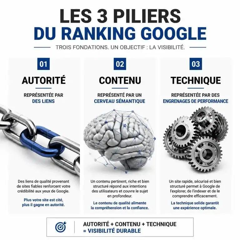 Infographie des trois piliers du site ranking Google : autorité, contenu et technique