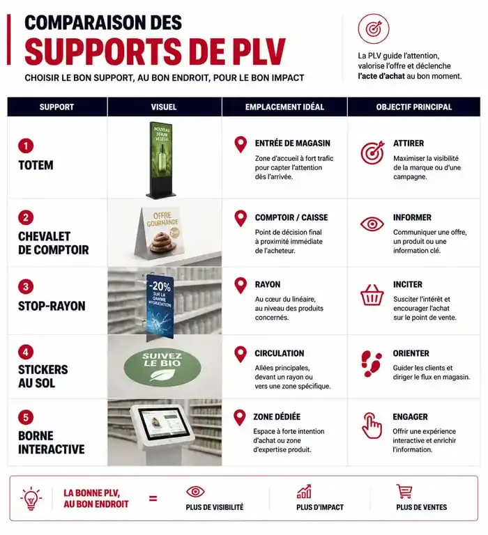 Comparatif des supports de PLV commerce : totem, stop-rayon et présentoirs pour optimiser la publicité sur lieu de vente
