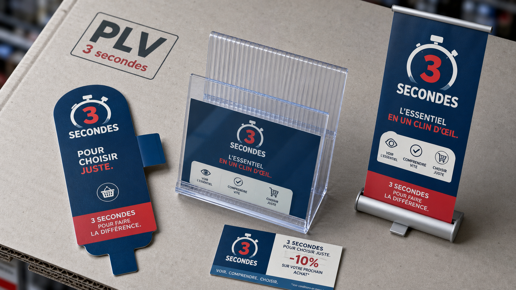 Exemple de PLV en magasin : stop-rayon, roll-up et présentoir