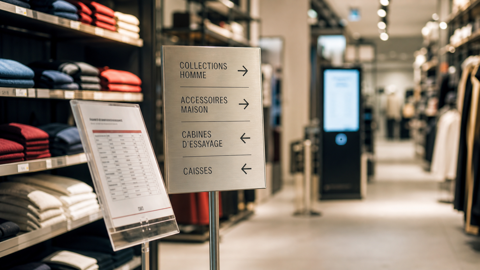 ILV exemple en magasin : signalétique acier et fiche produit