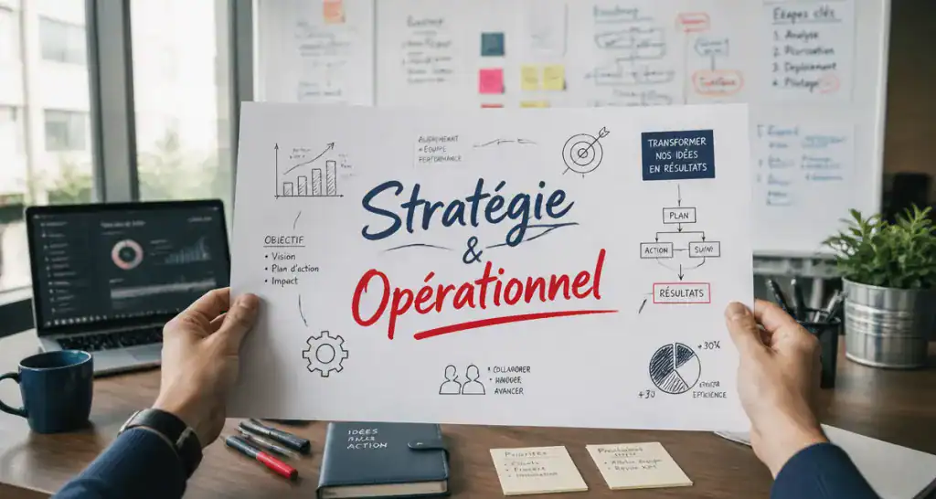 Marketing stratégique opérationnel, bureau moderne, tableau blanc, feuille stratégie