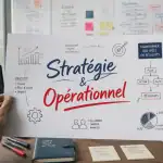 Marketing stratégique opérationnel, bureau moderne, tableau blanc, feuille stratégie