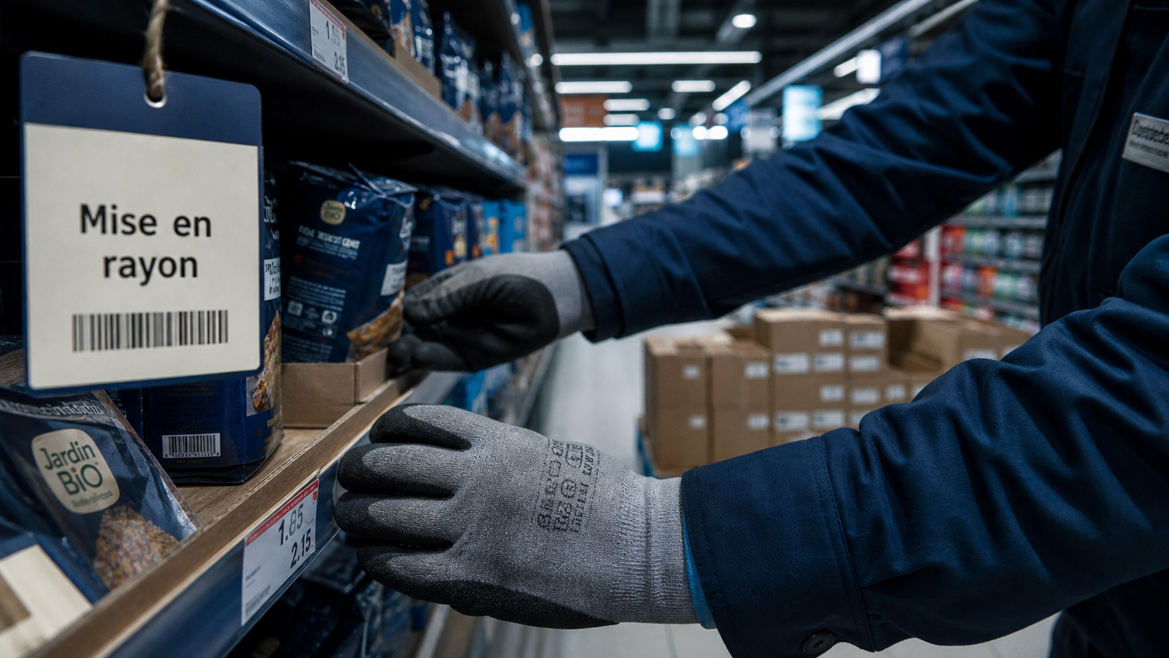 Mise en rayon metier en hypermarché : étiquettes et paquets en rayons