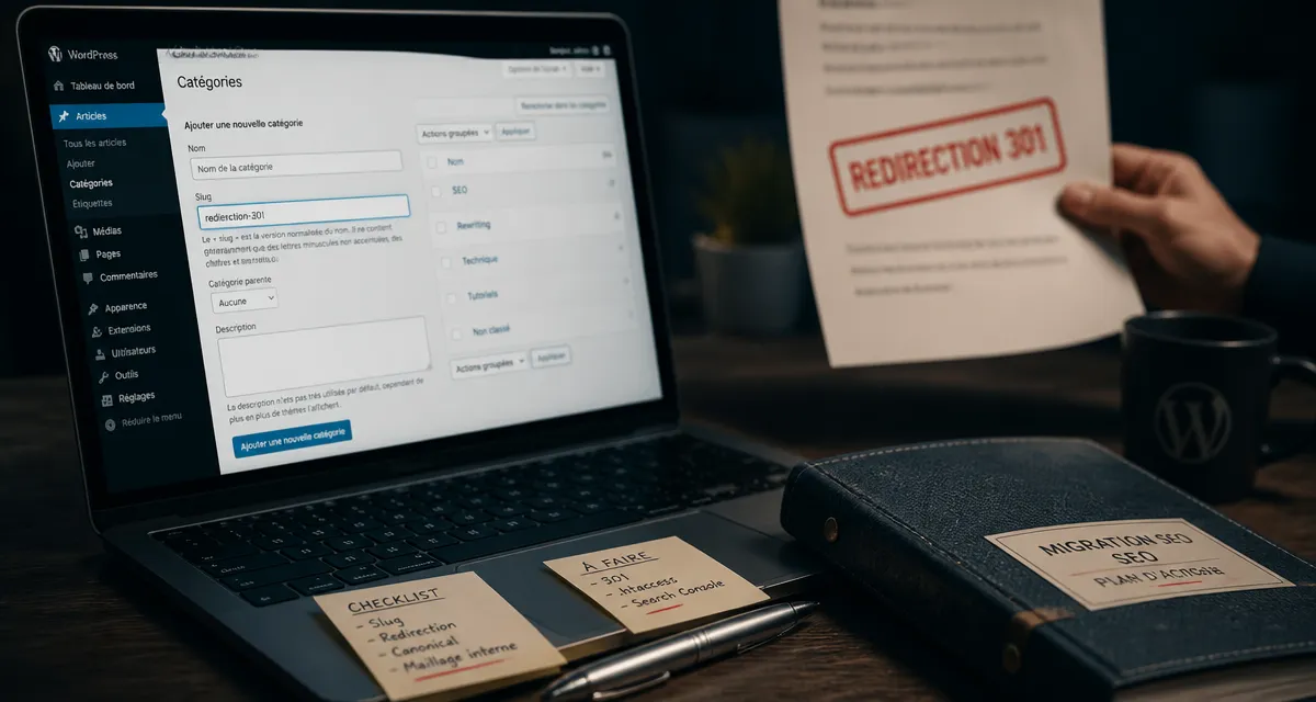 Modifier le slug d’une catégorie WordPress en français : champ Slug et redirection 301