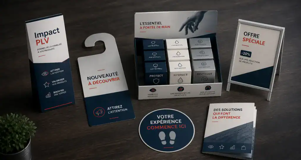 PLV commerce supports variés sur comptoir
