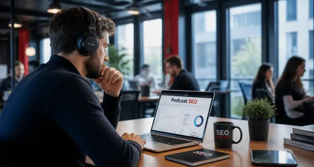 Consultant SEO écoutant un podcast SEO