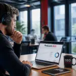 Consultant SEO écoutant un podcast SEO