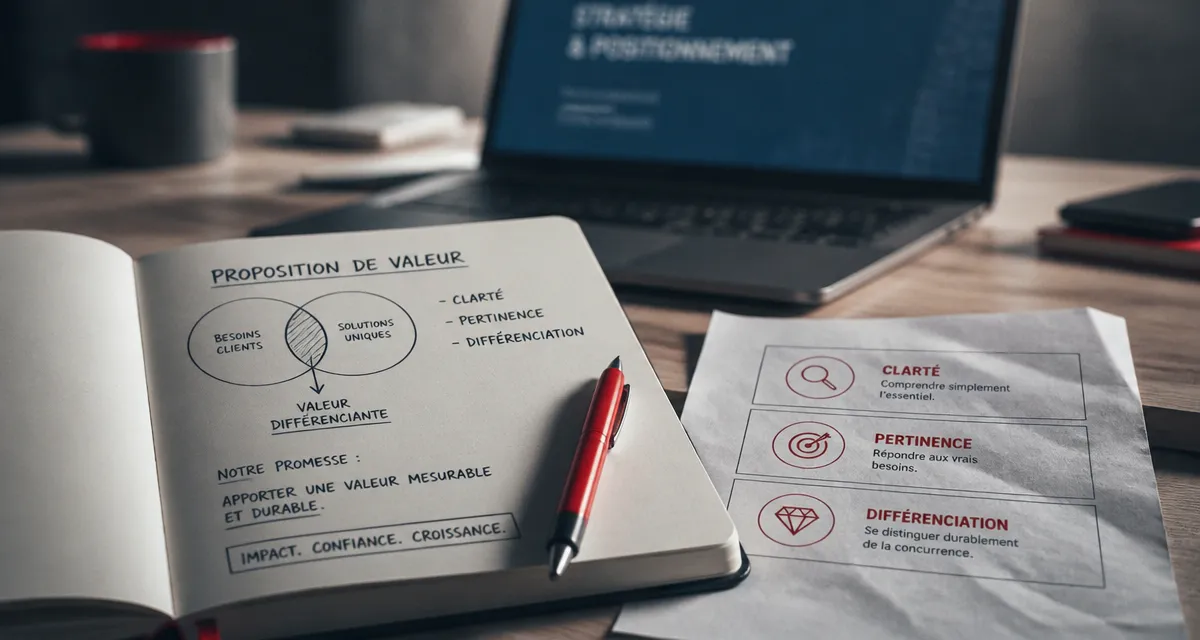 Proposition de valeur exemple : 15 cas concrets, carnet et schéma