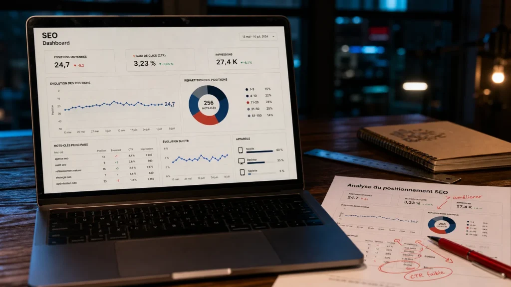 Analyse positionnement referencement SEO sur écran ordinateur