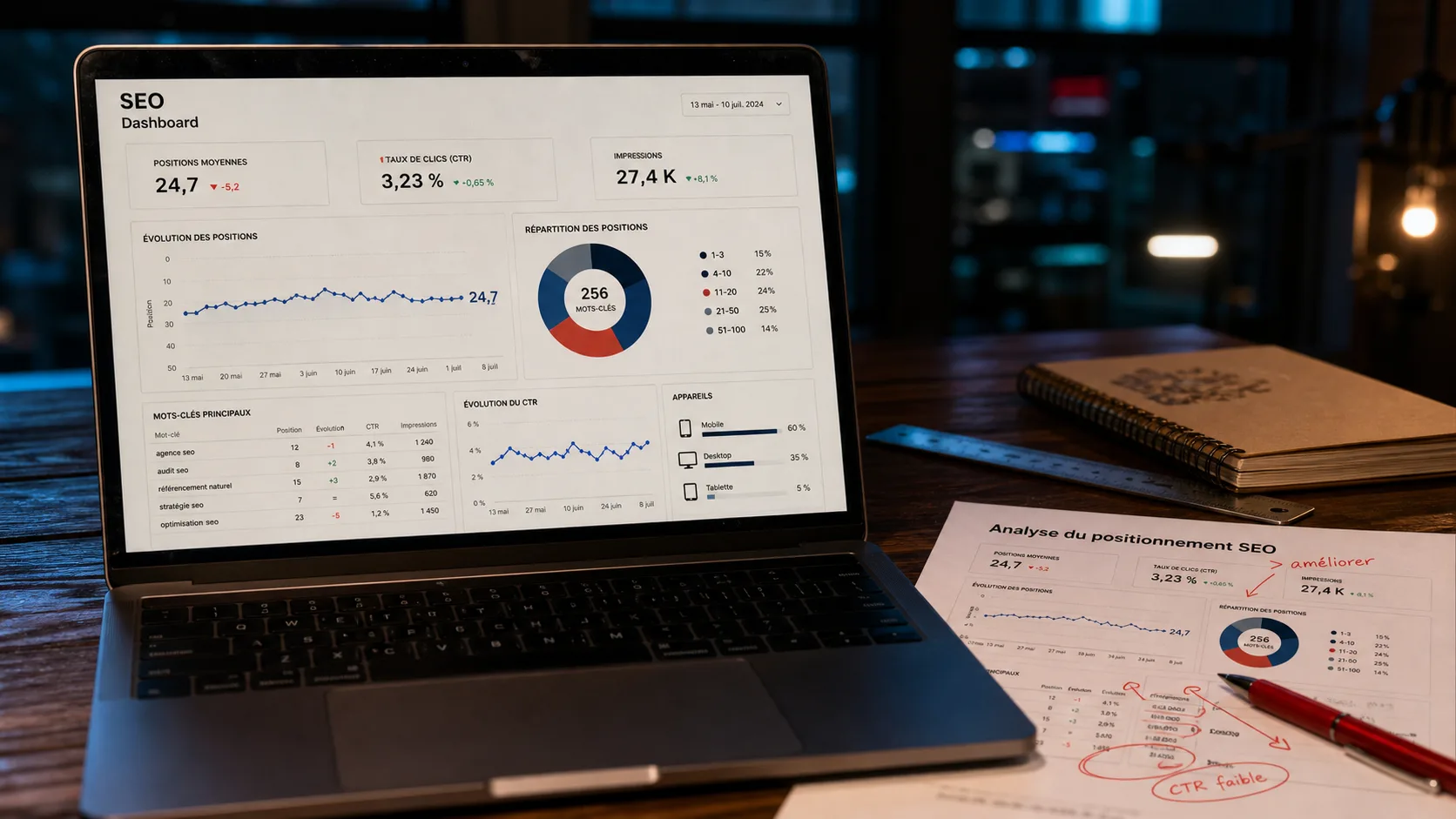 Analyse positionnement referencement SEO sur écran ordinateur