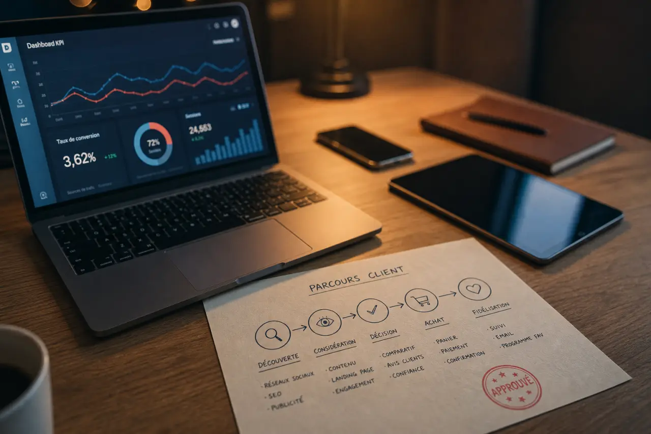 C quoi le marketing digital : KPIs et parcours client sur ordinateur