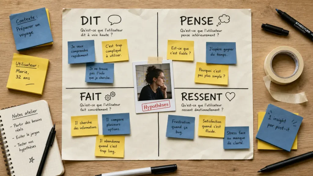 Empathie mapping : 4 quadrants DIT PENSE FAIT RESSENT, carte utilisateur