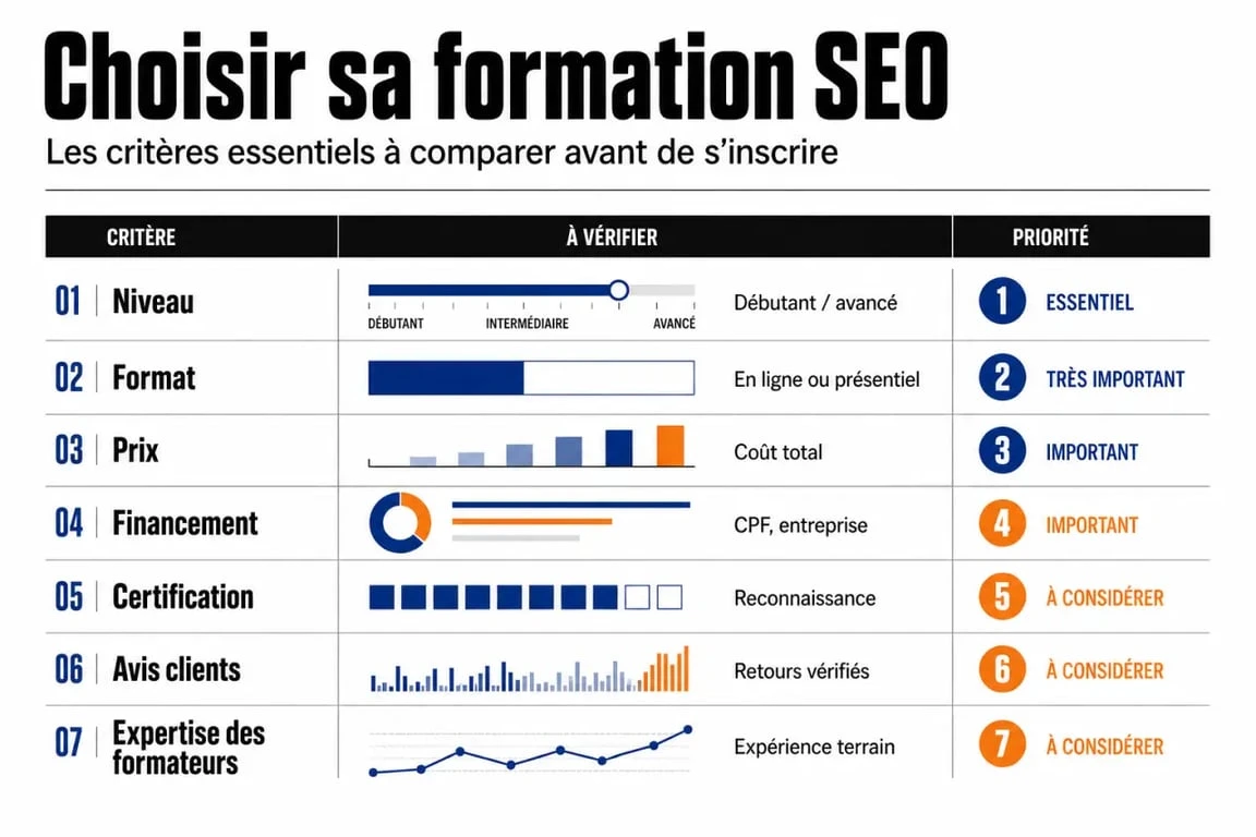 Meilleur formation SEO : comparatif visuel des critères niveau, format, prix, financement et certification